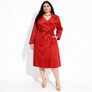 80s Vintage Red Pleated Trench Coat Rain Statement Womens 18 Gold Buttons Luxury